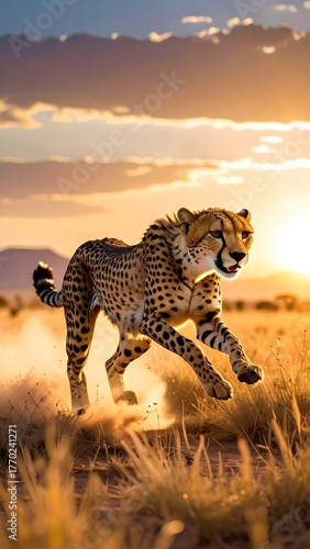 Cheetah Running in African Savanna at Sunset