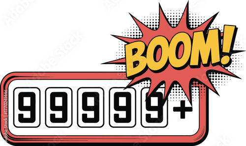 Explosive boom effect over price display showing 99999 plus symbol