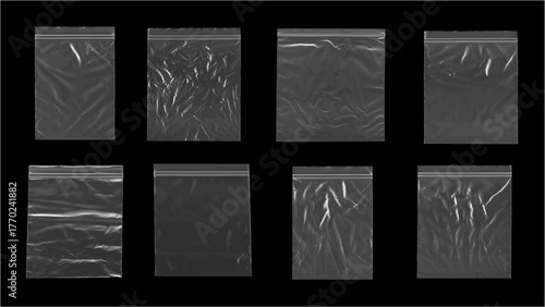 Set of Transparent Plastic Ziplock Bag Textures with Various Wrinkles and Folds for Packaging Mockups and Grungy Overlay on Black Background