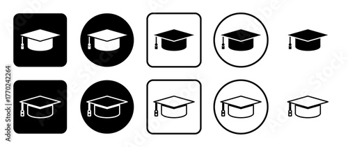 Icon set of square academic cap symbol. Filled, outline, black and white icons set, flat style.  Illustration on transparent background