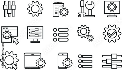Settings Configuration Icons Vector Set - Gear Cog Tools System Preferences Line Icons Black and White