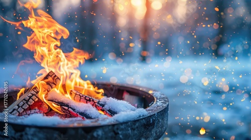 winter fire pit with flames surrounded by snow