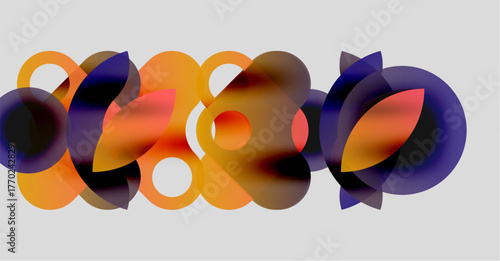 Abstract composition. Overlapping circles, orange, purple hues create dynamic visual texture. Soft gradients, modern design.