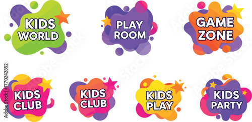 Colorful Abstract Shapes with Text for Kids Play Areas Keywords: kids, children, play, game, fun, zone, room, club, party, world, colorful, abstract, shapes, bubbles, blobs, stars, text, graphic