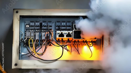 An electrical panel shows smoke emerging from wires during a safety inspection in a residential area highlighting potential hazards