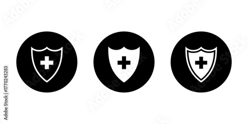Health protection shield icon set in black circle. Medical safety and security symbol