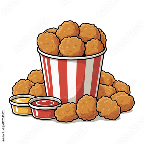 A bucket of crispy chicken nuggets with sauce vector illustration A fast food snack or appetizer for a takeaway menu design
