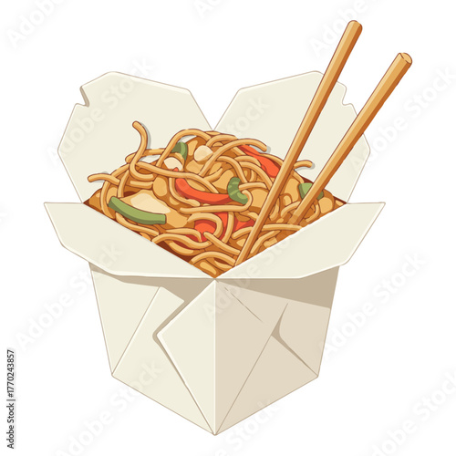 Chinese noodles in a takeaway box vector illustration Asian fast food with vegetables for a delivery menu design

