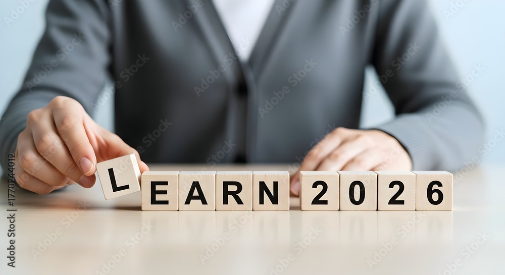 Obraz premium man Setting a Goal to Learn in 2026 with Wooden Blocks