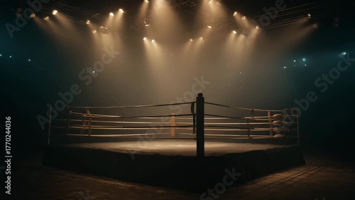 An empty boxing ring stands ready for combat under bright arena lights, with ropes and padded corners in a darkened space