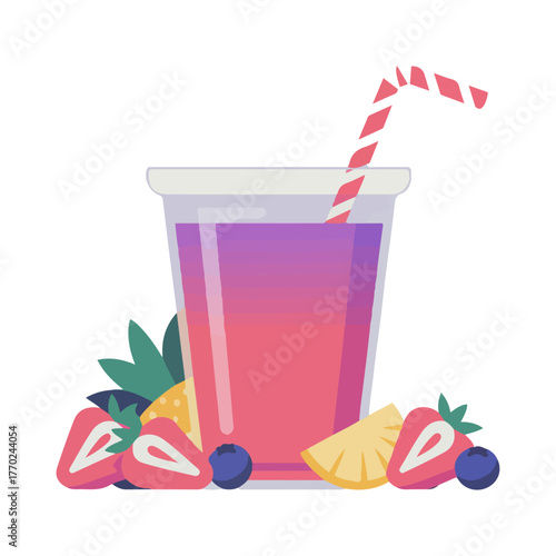 Fresh fruit smoothie in a glass with a straw vector illustration A healthy berry juice drink for a summer menu design
