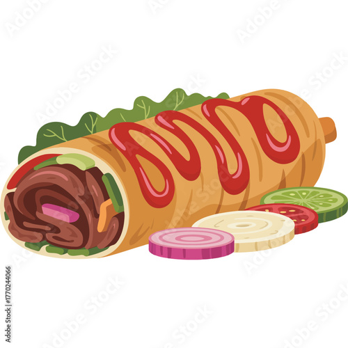 Turkish doner kebab wrap with sauce and vegetables vector illustration A classic street food sandwich for a takeaway menu design
