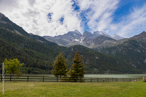 View of the Levanne mountain range of the Graian Alps with the Ceresole lake in Ceresole Reale, province of Turin, Italy