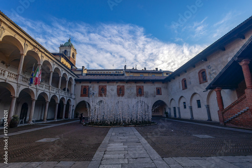 NOVARA, ITALY, JANUARY 11, 2025 - Broletto or Arengario of Novara, an historic monumental complex located in the city center of Novara, Italy