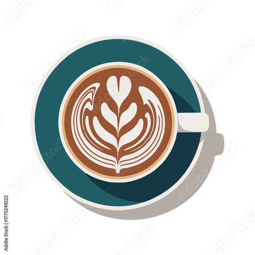 Coffee cup with latte art top view vector illustration A hot cappuccino drink for a cafe or coffee shop menu design icon
