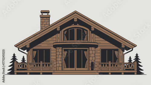 Illustration of a two story log cabin with a chimney and a small porch with trees around it