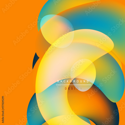 Abstract vibrant layers overlap, creating fluid shapes. Orange background complements blue, yellow hues. Modern design element.