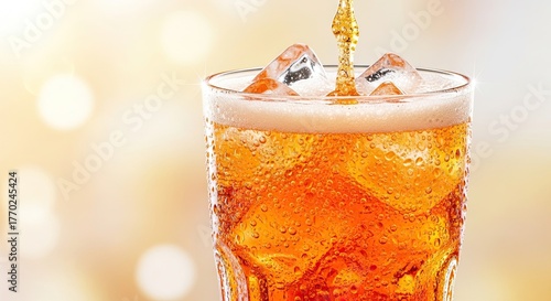 Refreshing amber beverage with ice cubes cascades into a bubbly glass creating a thirst quenching moment perfect for summer advertising