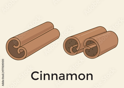 Illustration of two cinnamon sticks, one whole and one broken, displayed against a beige background with the word "Cinnamon" below.