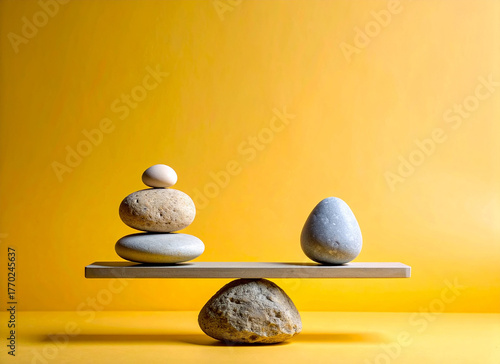 Piedras en equilibrio sobre una tabla de madera con fondo liso, concepto de armonía, estabilidad balance en la naturaleza y en la vida, bienestar, desarrollo personal y salud mental