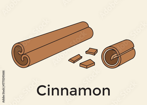 Illustration of cinnamon sticks and pieces, showcasing the spice's texture and form.