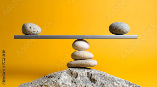 Piedras en equilibrio sobre una tabla de madera con fondo liso, concepto de armonía, estabilidad balance en la naturaleza y en la vida, bienestar, desarrollo personal y salud mental