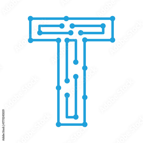 Letter t logo design with circuit board style isolated on white background