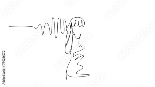 Self drawing animation of single continuous line drawing a young woman in casual clothes holds ears with both hands and sound wave effects. National Save Your Hearing Day. Full length animated