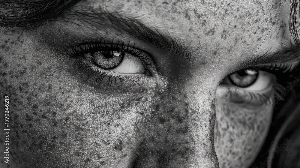 custom made wallpaper toronto digitalClose-up grayscale portrait of a woman's eyes and freckled skin.