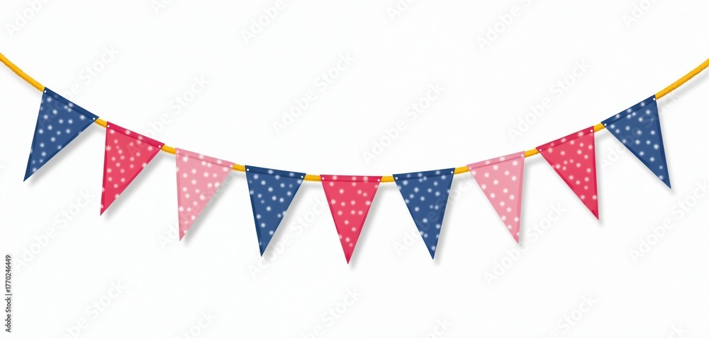 Fototapeta premium Festive bunting flags hang on string for celebration. Colorful blue red pink pennants with polka dot pattern for decoration. Holiday party garland for birthday carnival fair. Triangle banner design