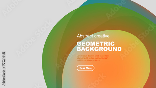 Abstract colorful design features overlapping circles. Text reads Geometric Background with sample text, plus button. Simple, modern aesthetic.