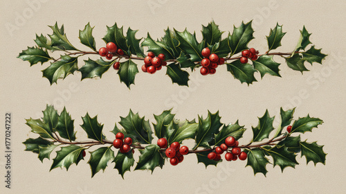 An artistic illustration of festive holly garlands, perfect for holiday decorations