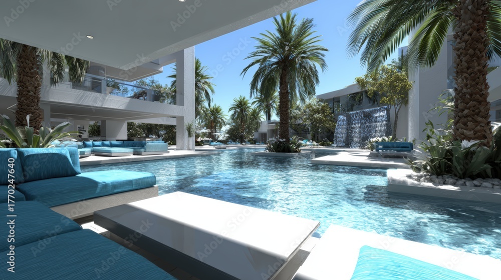 Fototapeta premium Luxurious resort pool with waterfalls and lounge seating.