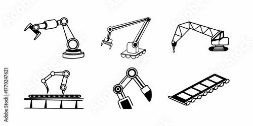 Illustration of various robotic arms and conveyor belts in black and white line art style designs on transparent background