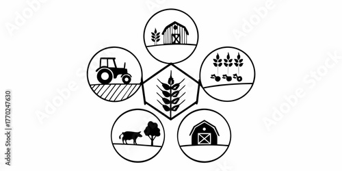 Illustration showing agriculture elements including tractor barn cow and crops in a circular arrangement on transparent background