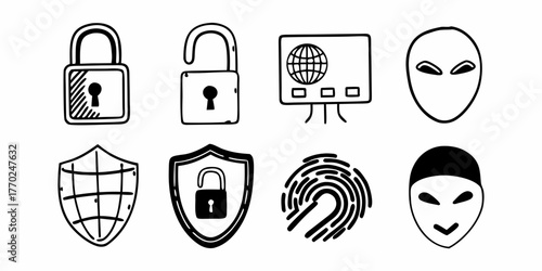 Illustration of security icons including locks shields credit card and alien faces in black and white on transparent background