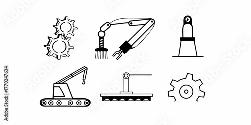 Illustration showing various industrial automation equipment like gears, robotic arms and a crane conveyor belt on transparent background