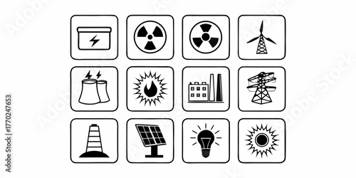 Illustration of various energy sources including solar, wind, nuclear, and fossil fuels in black and white on transparent background