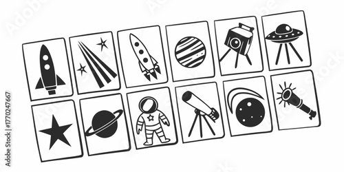Illustration of space themed icons including rockets planets and astronauts on cards in black and white on transparent background