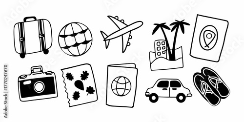 Doodle style travel icons featuring a suitcase globe airplane resort passport car and flip flops set on white on transparent background