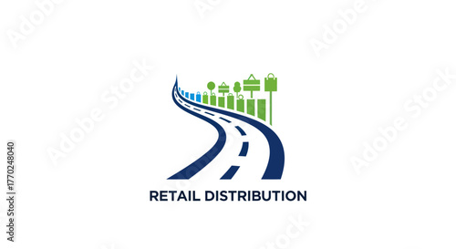 Retail Distribution Logo Featuring a Road Leading to Shopping Bags and Buildings.