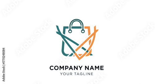Abstract shopping bag logo with check mark symbol for business.