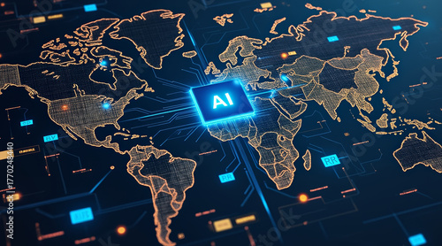 Fototapeta Naklejka Na Ścianę i Meble -  AI chip export concept ,AI chip map global network digital circuit data flow world map neon glow technology surge innovation