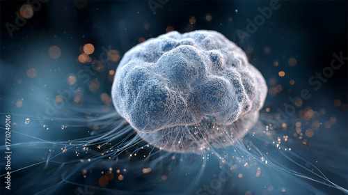 Synthetic Biology concept , brain organoid neural network lab science medical research biotechnology microcosm floating