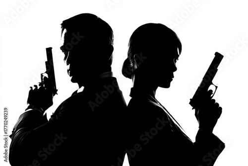 Secret Agent Couple: Aiming Shadows in Silhouette. Crime Scene with Couple Back to Back