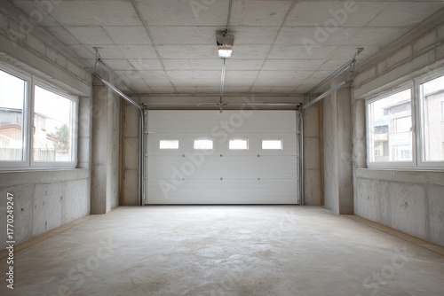 Sectional Garage Door. Interior View of an Empty Unfinished Garage with Markings and Lines