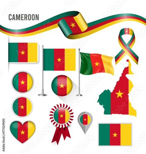 Cameroon Flag Collection National Symbols, Map, and Ribbon Design Set
