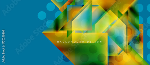 Abstract geometric shapes overlap, creating vibrant color gradients. Blue background contrasts with yellow, green hues. Modern design element.