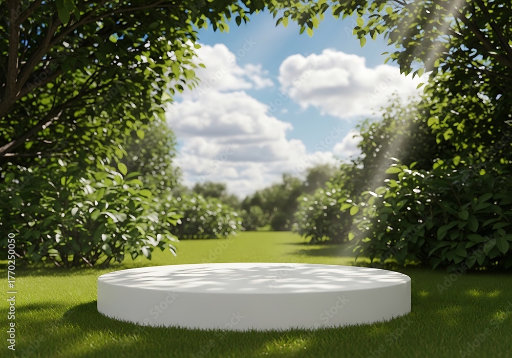 Fototapeta premium Serene outdoor display platform amidst lush greenery and bright sky with clouds