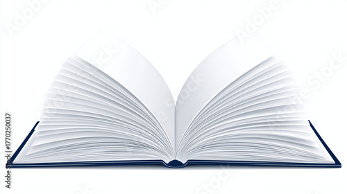An open book with blank pages, perfect for adding your own story. The book's spine is dark blue, suggesting knowledge and sophistication. It presents an opportunity for someone to explore a new world